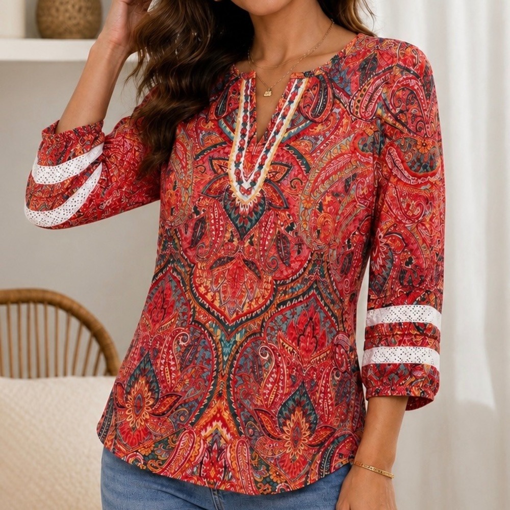 Ruby Rd Paisley Boho Peasant Top Crochet‎ Sleeve Trim Coral Pink M Cottagecore